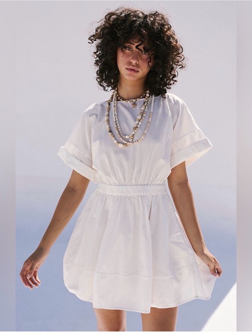 FREE PEOPLE Ivory Cotton Cinched Waist Poplin Mini Dress, Size S